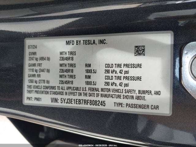 Aukcja sprzedaży 2024 Tesla Model 3 Long Range Dual Motor All-wheel Drive, vin: 5YJ3E1EB7RF808245, numer aukcji: 45459634