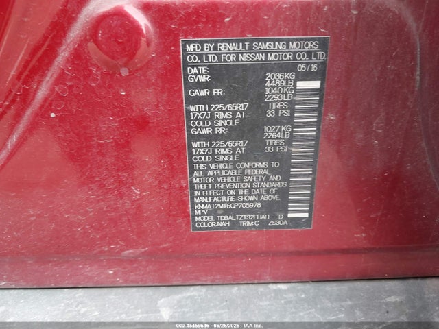 Auction sale of the 2016 Nissan Rogue Sv, vin: KNMAT2MT6GP705978, lot number: 45459646