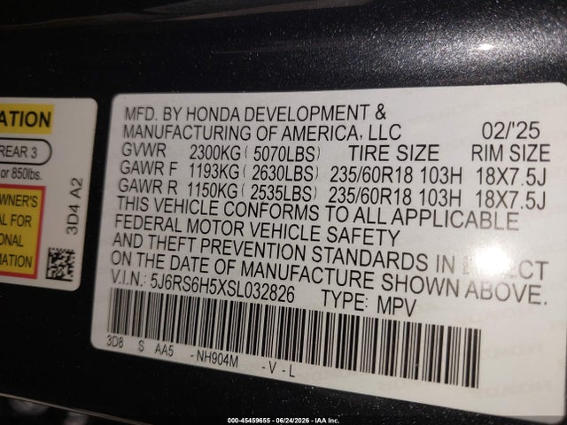 2025 Honda Cr-v Hybrid Sport მანქანა იყიდება აუქციონზე, vin: 5J6RS6H5XSL032826, აუქციონის ნომერი: 45459655