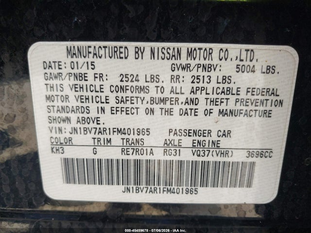 Продажа на аукционе авто 2015 Infiniti Q50 Premium, vin: JN1BV7AR1FM401965, номер лота: 45459678