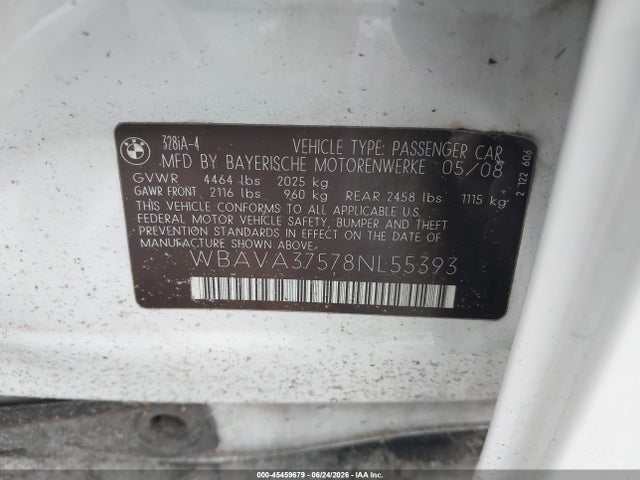 45459679 :رقم المزاد ، WBAVA37578NL55393 vin ، 2008 Bmw 328i مزاد بيع