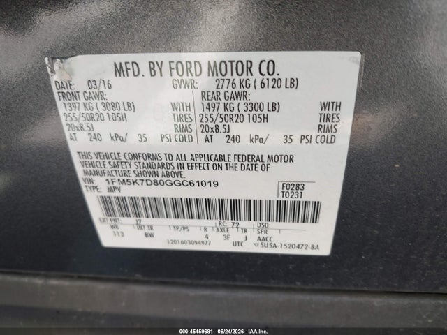 1FM5K7D80GGC61019 Ford EXPLORER XLT
