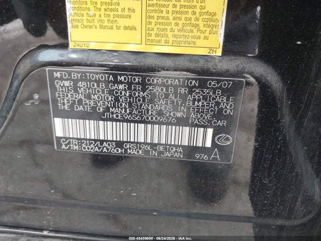 Продаж на аукціоні авто 2007 Lexus Gs 350, vin: JTHCE96S670009676, номер лоту: 45459690