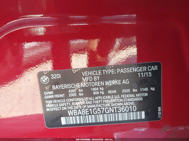 45459699 :رقم المزاد ، WBA8E1G57GNT36010 vin ، 2016 Bmw 320i مزاد بيع