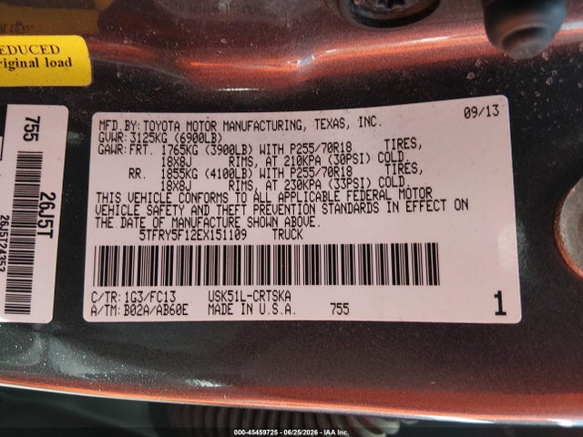 45459725 :رقم المزاد ، 5TFRY5F12EX151109 vin ، 2014 Toyota Tundra Sr5 5.7l V8 مزاد بيع