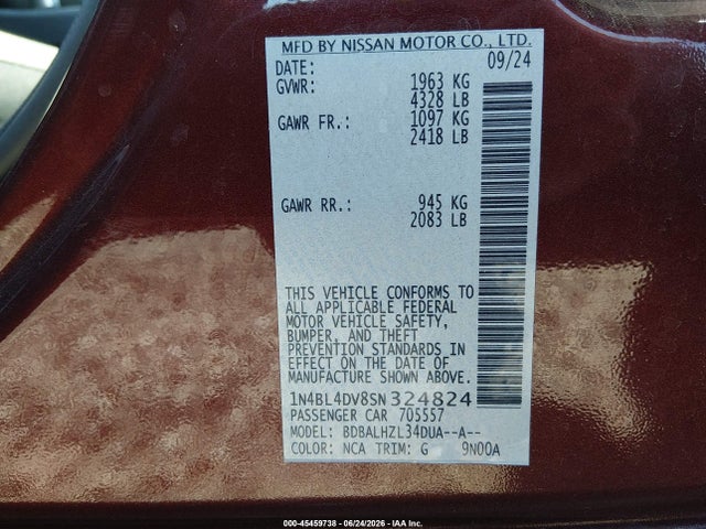 1N4BL4DV8SN324824 Nissan Altima Sv Fwd
