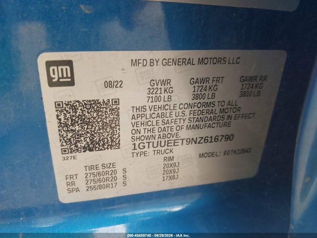Продаж на аукціоні авто 2022 Gmc Sierra 1500 4wd  Short Box At4, vin: 1GTUUEET9NZ616790, номер лоту: 45459748