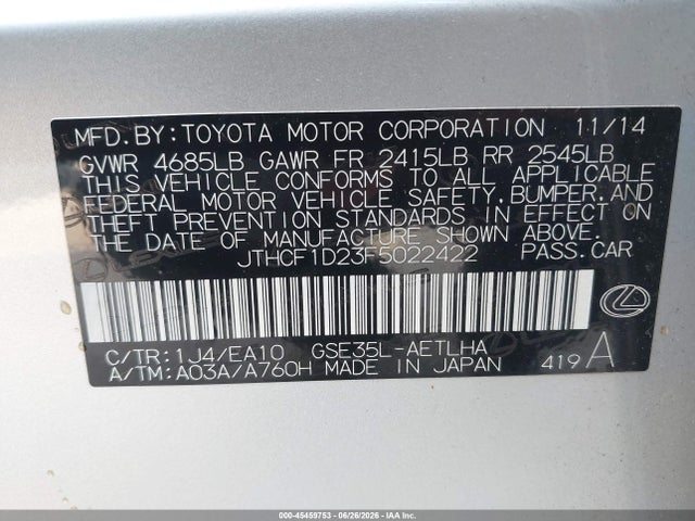 45459753 :رقم المزاد ، JTHCF1D23F5022422 vin ، 2015 Lexus Is 250 مزاد بيع