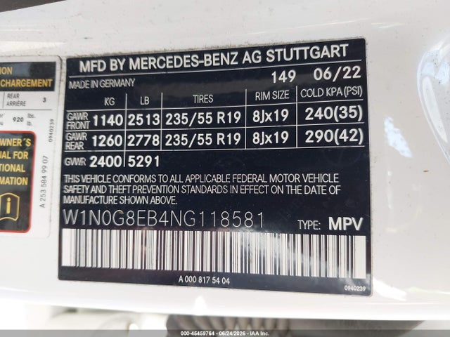 Продаж на аукціоні авто 2022 Mercedes-benz Glc 300 4matic Suv, vin: W1N0G8EB4NG118581, номер лоту: 45459764