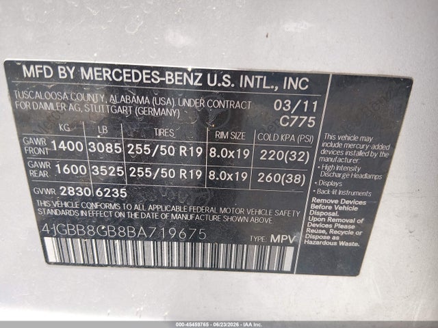 Продаж на аукціоні авто 2011 Mercedes-benz Ml 350 4matic, vin: 4JGBB8GB8BA719675, номер лоту: 45459765
