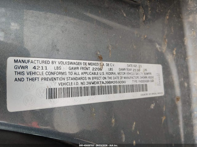 Aukcja sprzedaży 2011 Volkswagen Jetta 2.5l Se, vin: 3VWDX7AJ9BM359390, numer aukcji: 45459783