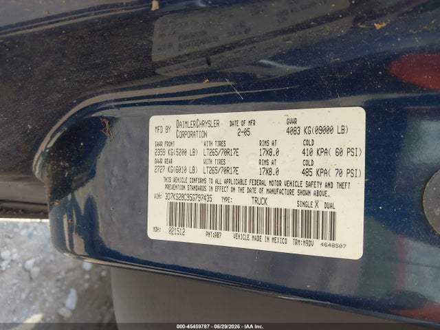 2005 Dodge Ram 2500 Slt/laramie მანქანა იყიდება აუქციონზე, vin: 3D7KS28C95G797435, აუქციონის ნომერი: 45459787