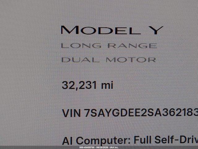 45459788 :رقم المزاد ، 7SAYGDEE2SA362183 vin ، 2025 Tesla Model Y Long Range Dual Motor All-wheel Drive مزاد بيع