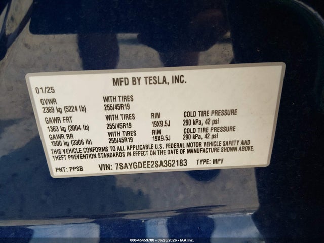 45459788 :رقم المزاد ، 7SAYGDEE2SA362183 vin ، 2025 Tesla Model Y Long Range Dual Motor All-wheel Drive مزاد بيع