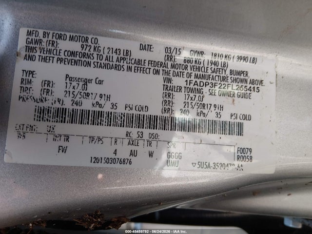 Ford FOCUS SE 2015 1FADP3F22FL255415 Image 9