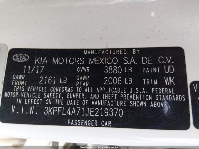 Продажа на аукционе авто 2018 Kia Forte S, vin: 3KPFL4A71JE219370, номер лота: 45459837