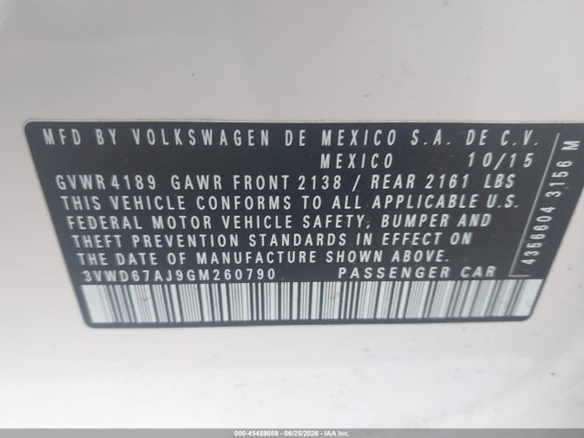 Продажа на аукционе авто 2016 Volkswagen Jetta 1.4t Se, vin: 3VWD67AJ9GM260790, номер лота: 45459859
