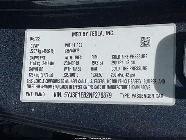 Tesla Model 3 Long Range Dual Motor All-wheel Drive 2022 5YJ3E1EB2NF276879 Image 9