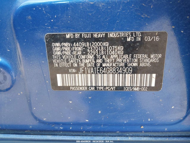 Продажа на аукционе авто 2016 Subaru Wrx Premium, vin: JF1VA1E64G8834909, номер лота: 45459926