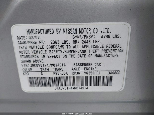 Продаж на аукціоні авто 2007 Infiniti G35x, vin: JNKBV61F47M814914, номер лоту: 45459930