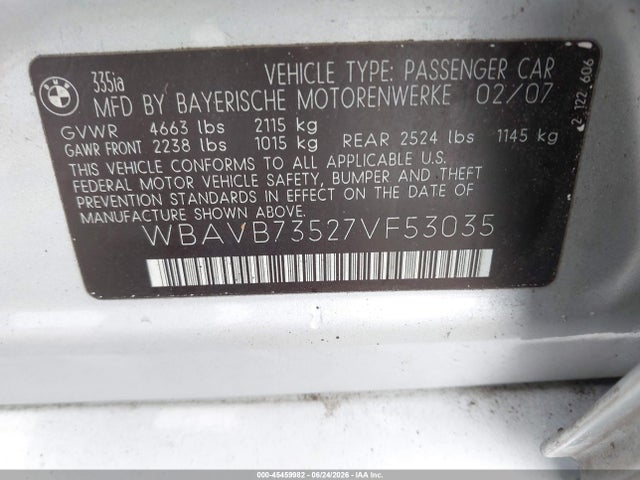 Продаж на аукціоні авто 2007 Bmw 335i, vin: WBAVB73527VF53035, номер лоту: 45459982