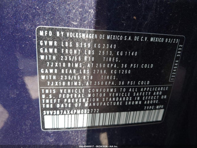 Aukcja sprzedaży 2023 Volkswagen Tiguan 2.0t Se, vin: 3VV3B7AX4PM082772, numer aukcji: 45460017