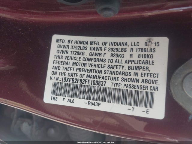 Продаж на аукціоні авто 2015 Honda Civic Ex, vin: 19XFB2F82FE103837, номер лоту: 45460050