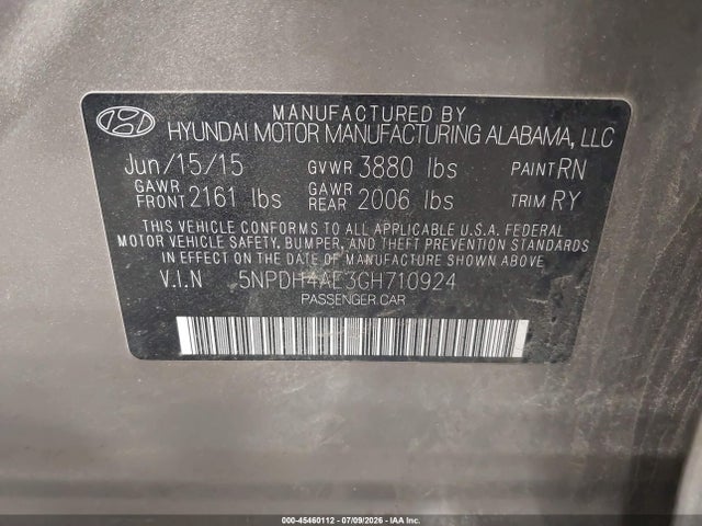 5NPDH4AE3GH710924 Hyundai Elantra Limited