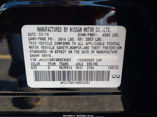 Продаж на аукціоні авто 2016 Infiniti Q50 2.0t Premium, vin: JN1CV7AR1GM253063, номер лоту: 45460114