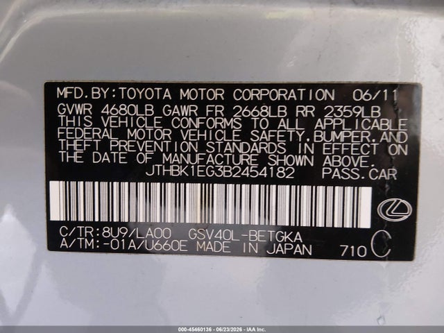 Продаж на аукціоні авто 2011 Lexus Es 350, vin: JTHBK1EG3B2454182, номер лоту: 45460136