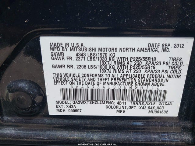 Aukcja sprzedaży 2013 Mitsubishi Outlander Sport Es, vin: 4A4AR3AU3DE005112, numer aukcji: 45460141