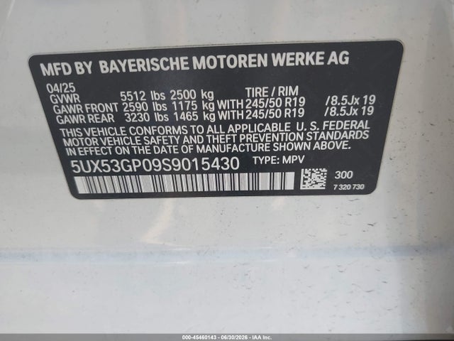 Продажа на аукционе авто 2025 Bmw X3 30 Xdrive, vin: 5UX53GP09S9015430, номер лота: 45460143