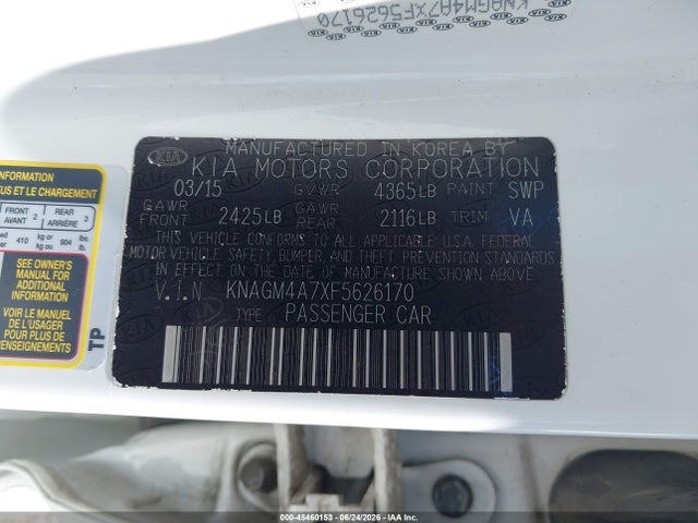 Продаж на аукціоні авто 2015 Kia Optima Lx, vin: KNAGM4A7XF5626170, номер лоту: 45460153