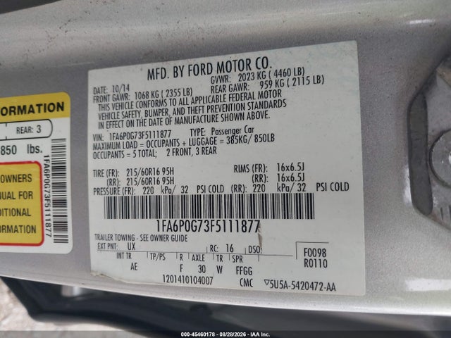 Aukcja sprzedaży 2015 Ford Fusion S, vin: 1FA6P0G73F5111877, numer aukcji: 45460178
