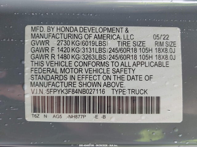 Aukcja sprzedaży 2022 Honda Ridgeline Black Edition, vin: 5FPYK3F84NB027116, numer aukcji: 45460186