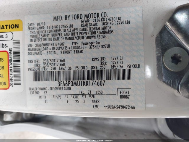 Ford Fusion Hybrid Sel 2019 3FA6P0MU1KR174607 Image 9