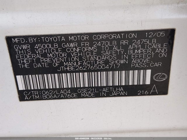 Aukcja sprzedaży 2006 Lexus Is 350, vin: JTHBE262765004717, numer aukcji: 45460206