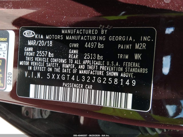 2018 Kia Optima Lx მანქანა იყიდება აუქციონზე, vin: 5XXGT4L32JG258149, აუქციონის ნომერი: 45460207