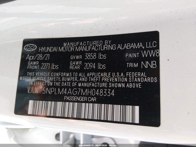 45460218 :رقم المزاد ، 5NPLM4AG7MH048334 vin ، 2021 Hyundai Elantra Sel مزاد بيع