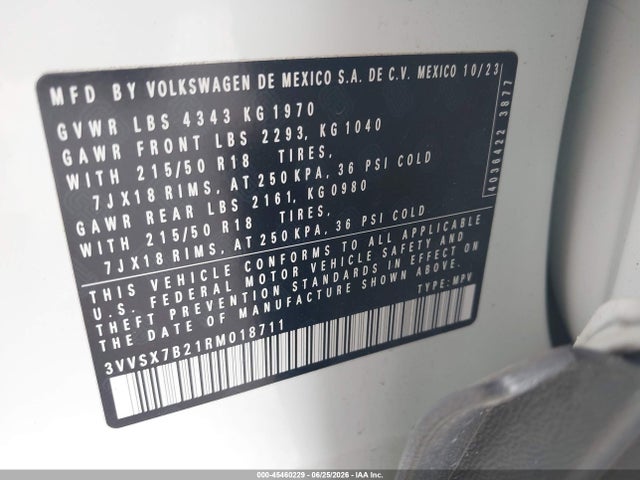 Aukcja sprzedaży 2024 Volkswagen Taos 1.5t Se, vin: 3VVSX7B21RM018711, numer aukcji: 45460229