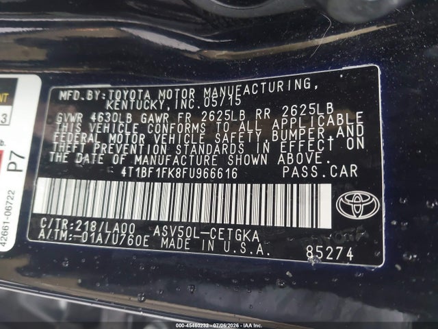 45460232 :رقم المزاد ، 4T1BF1FK8FU966616 vin ، 2015 Toyota Camry Le/xle/se/xse مزاد بيع