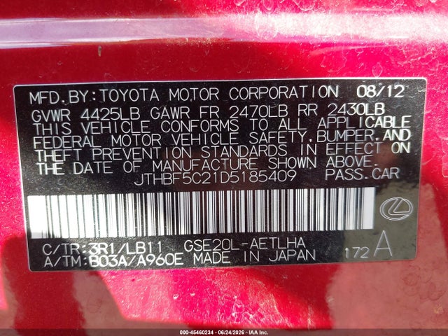 Aukcja sprzedaży 2013 Lexus Is 250, vin: JTHBF5C21D5185409, numer aukcji: 45460234