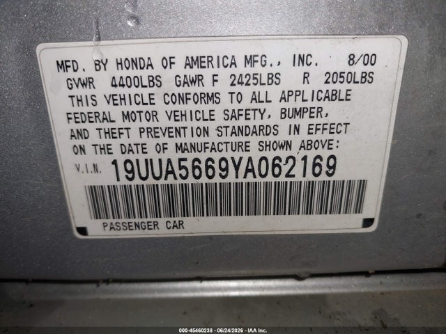 45460238 :رقم المزاد ، 19UUA5669YA062169 vin ، 2000 Acura Tl 3.2 مزاد بيع