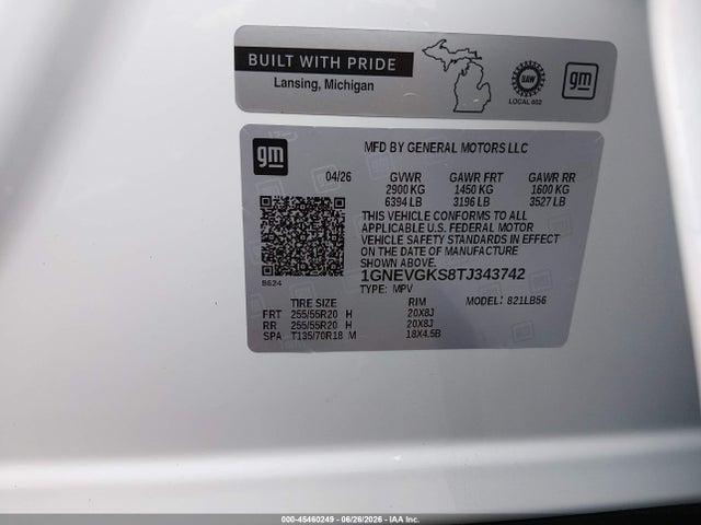 Продаж на аукціоні авто 2026 Chevrolet Traverse Awd Lt, vin: 1GNEVGKS8TJ343742, номер лоту: 45460249