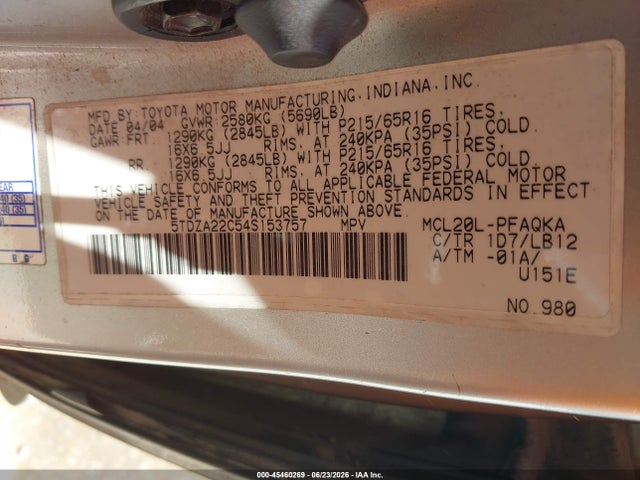 45460269 :رقم المزاد ، 5TDZA22C54S153757 vin ، 2004 Toyota Sienna Xle مزاد بيع