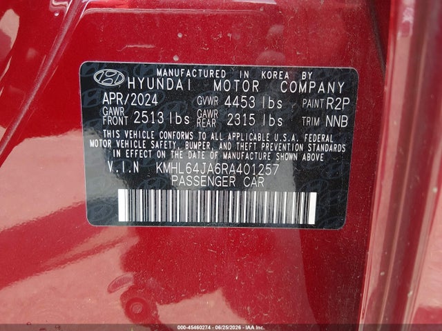 45460274 :رقم المزاد ، KMHL64JA6RA401257 vin ، 2024 Hyundai Sonata Sel مزاد بيع
