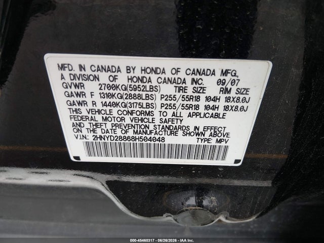 2008 Acura Mdx Sport Package მანქანა იყიდება აუქციონზე, vin: 2HNYD28868H504048, აუქციონის ნომერი: 45460317