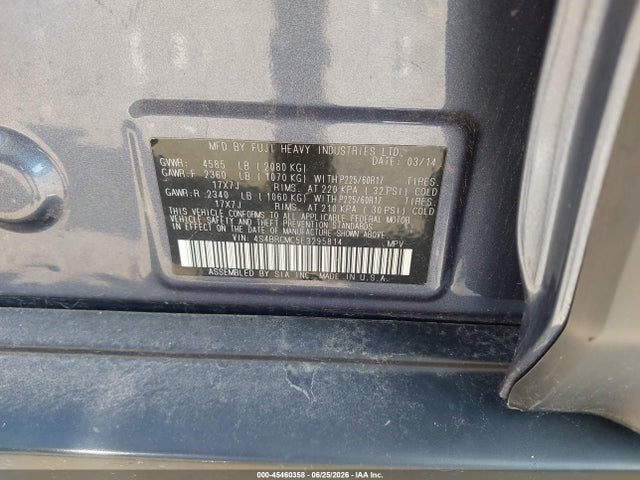 2014 Subaru Outback 2.5i Limited მანქანა იყიდება აუქციონზე, vin: 4S4BRCMC5E3295814, აუქციონის ნომერი: 45460358