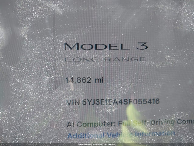2025 Tesla Model 3 Long Range Rear-wheel Drive/standard Rear-wheel Drive მანქანა იყიდება აუქციონზე, vin: 5YJ3E1EA4SF055416, აუქციონის ნომერი: 45460367