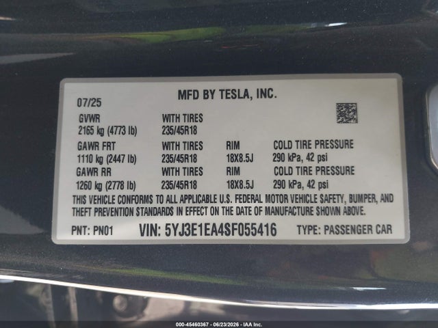 2025 Tesla Model 3 Long Range Rear-wheel Drive/standard Rear-wheel Drive მანქანა იყიდება აუქციონზე, vin: 5YJ3E1EA4SF055416, აუქციონის ნომერი: 45460367